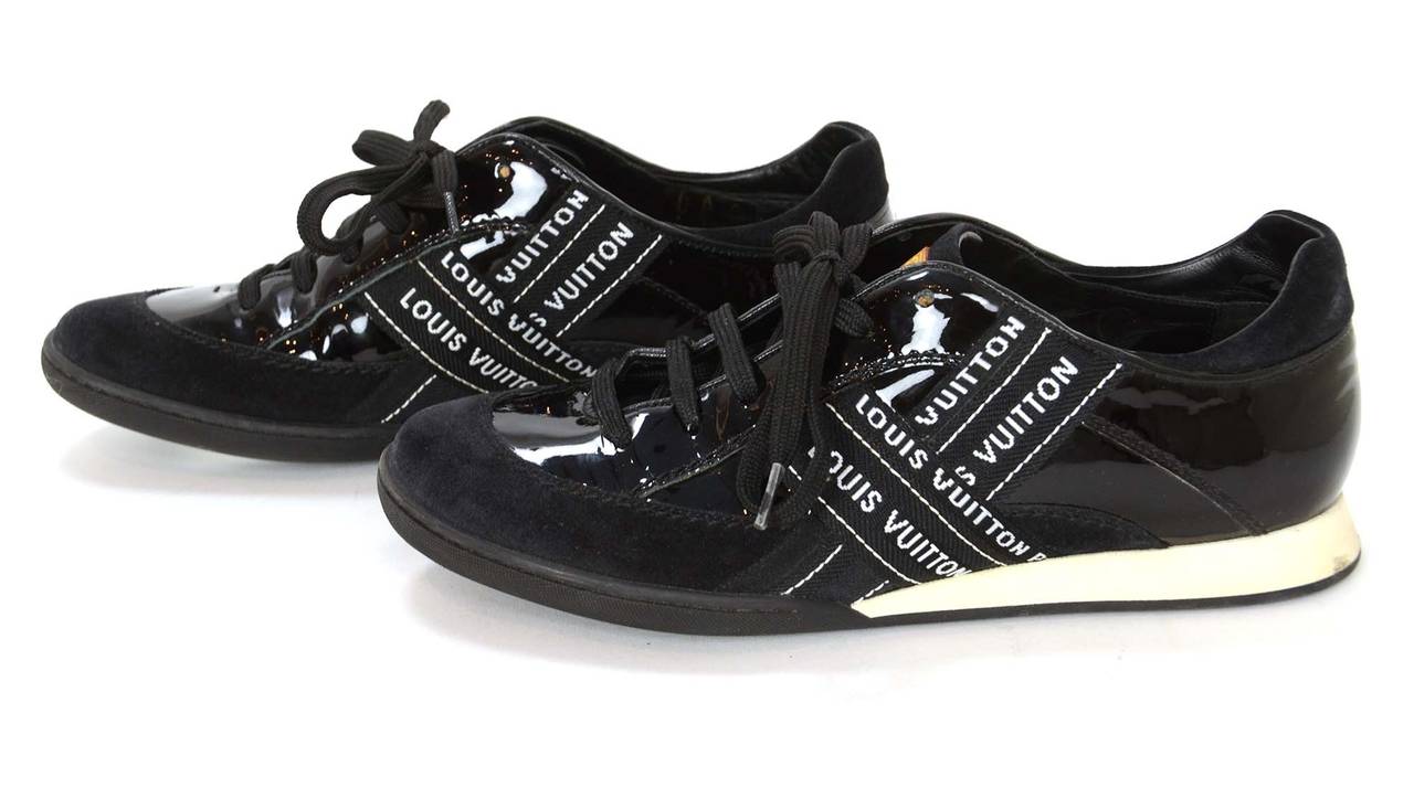 LOUIS VUITTON Black Patent Leather & Suede Sneakers sz 37.5 In Excellent Condition In New York, NY