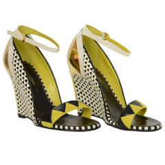 SERGIO ROSSI NIB Yellow/Black/White Abstract Cut-Out Wedge Sandals sz 36.5