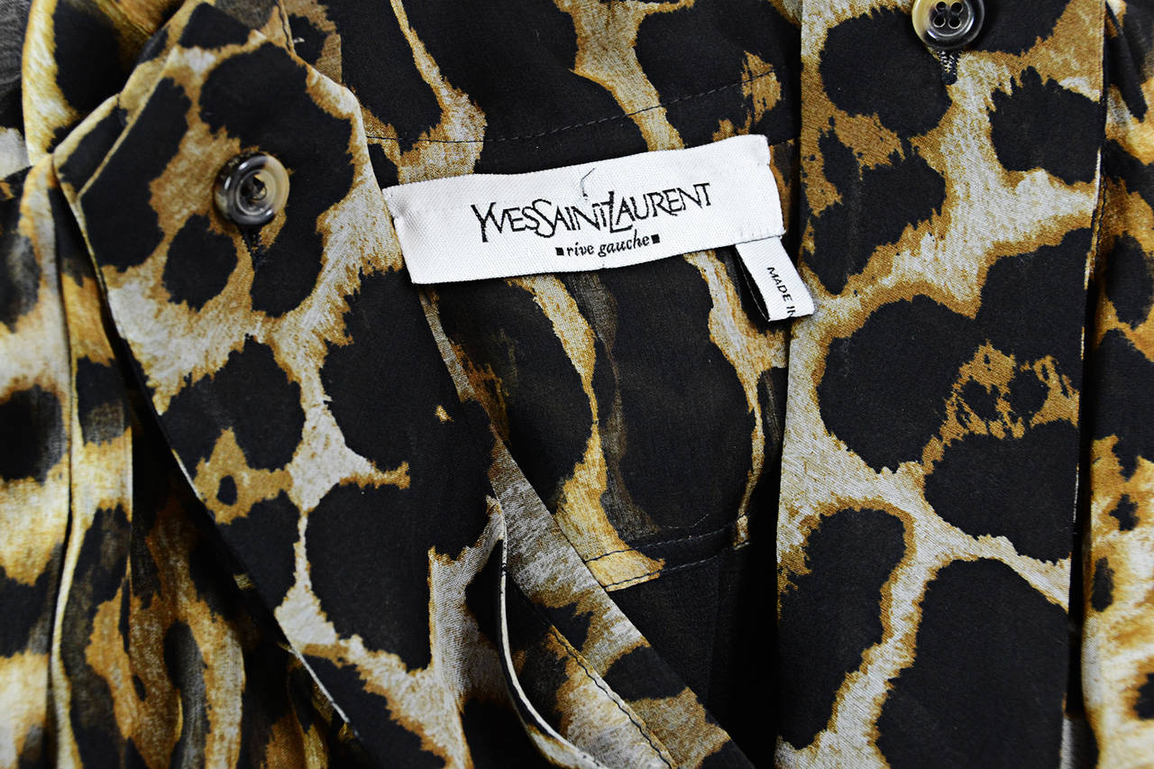 YSL Yves Saint Laurent Brown/Black Leopard Print Silk Dress w/ Sash In Excellent Condition In New York, NY
