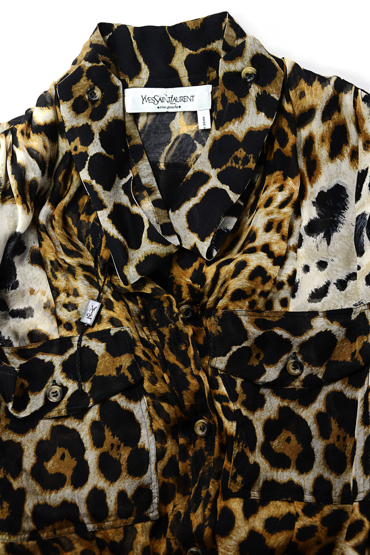 YSL Yves Saint Laurent Brown/Black Leopard Print Silk Dress w/ Sash 1