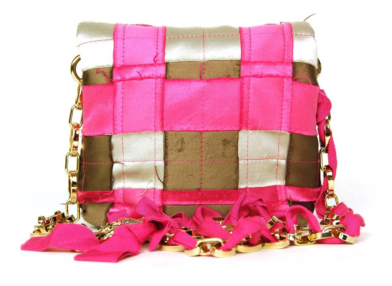 LANVIN Pink/Brown Satin Patchwork Mini Crossbody Bag In Excellent Condition In New York, NY