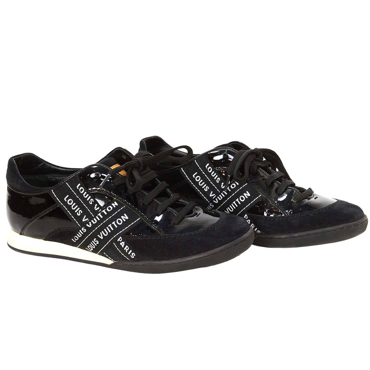 LOUIS VUITTON Black Patent Leather & Suede Sneakers sz 37.5