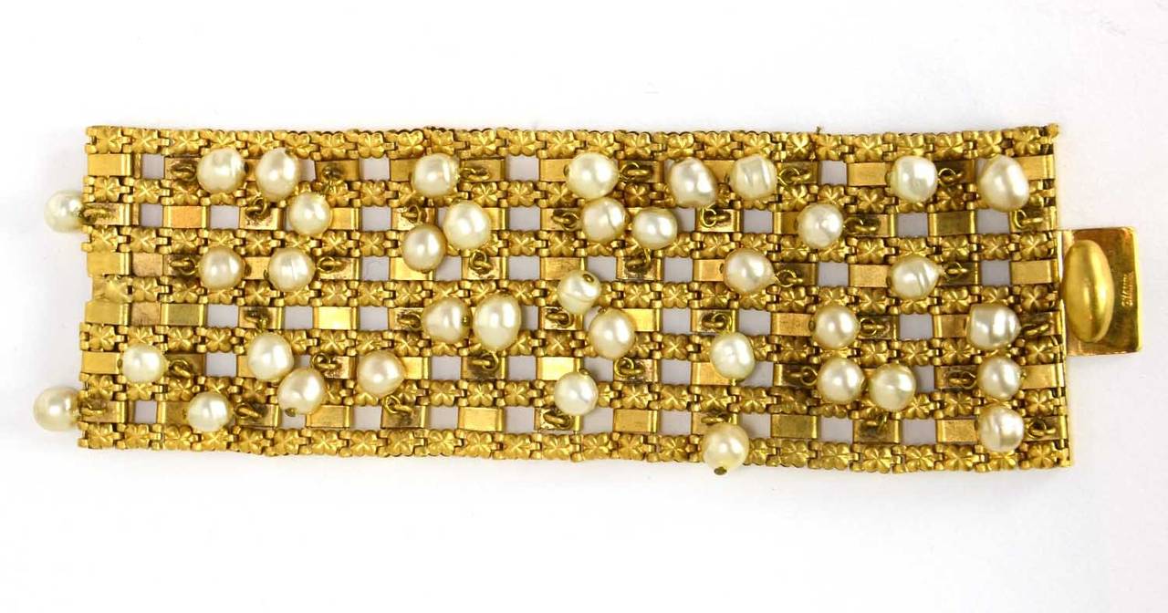 CHANEL Vintage 1950s/60's Goldtone Bracelet W/Hanging Pearls 1