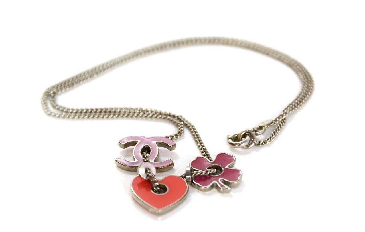 Women's Chanel 2004 Pink/Red Enamel and Silvertone Clover Heart and CC Charm Necklace