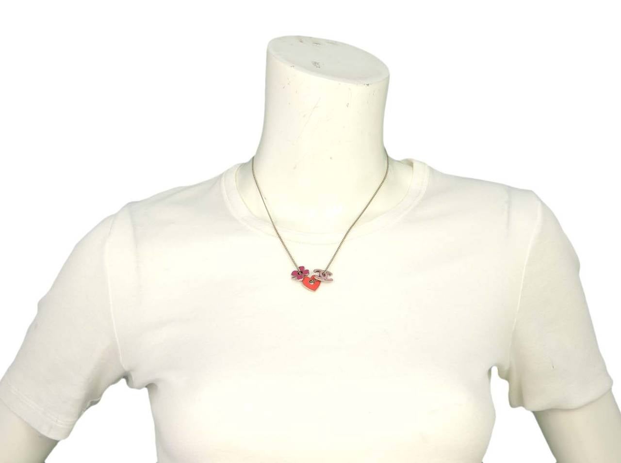 Chanel 2004 Pink/Red Enamel and Silvertone Clover Heart and CC Charm Necklace 1