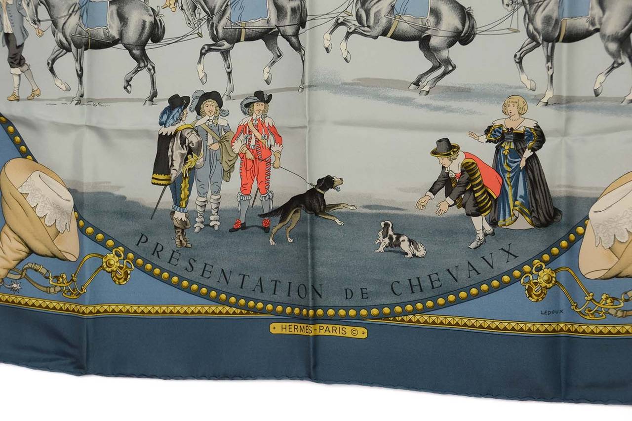 Hermes Blue 1642 "Presentation de Chavavx" Pilgrim Silk Scarf 90 cm