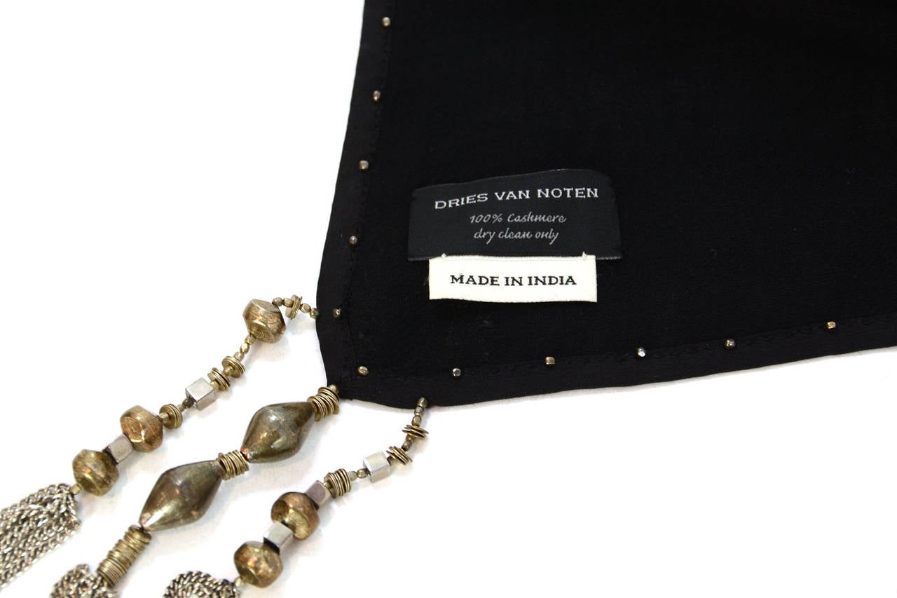 Women's or Men's DRIES VAN NOTEN Black Cashmere Scarf W/Silver Chain Tassless