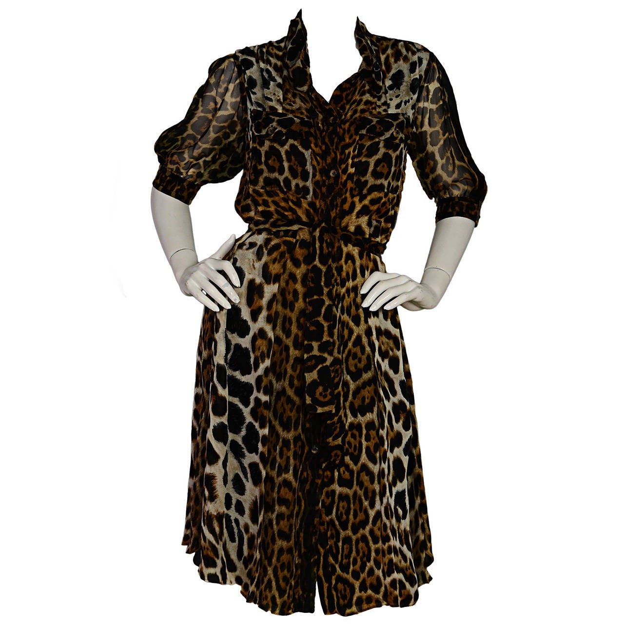 YSL Yves Saint Laurent Brown/Black Leopard Print Silk Dress w/ Sash