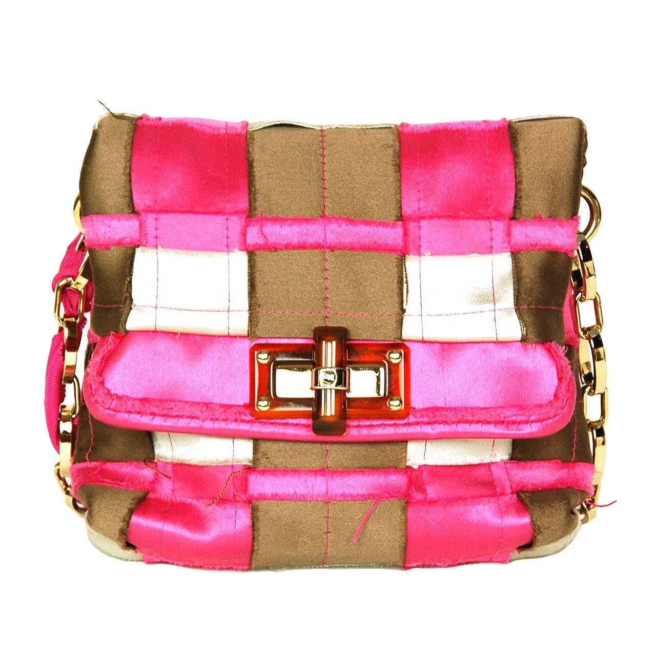 LANVIN Pink/Brown Satin Patchwork Mini Crossbody Bag