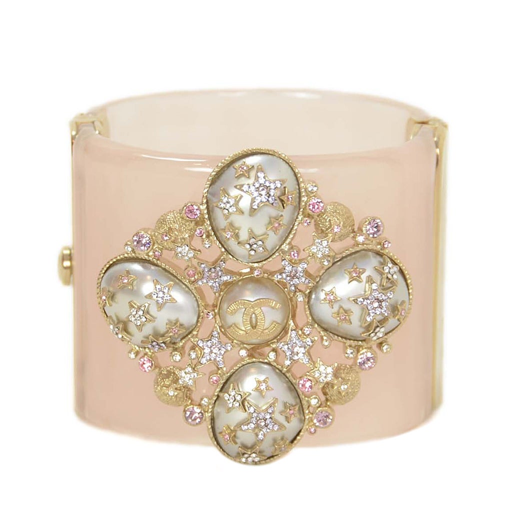 CHANEL 2012 Blush Cuff W/Pearl and Rhinestone Star Details