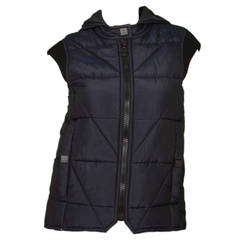 CHANEL Navy Silk Quilted Puffer Vest W/ Hood sz. 36