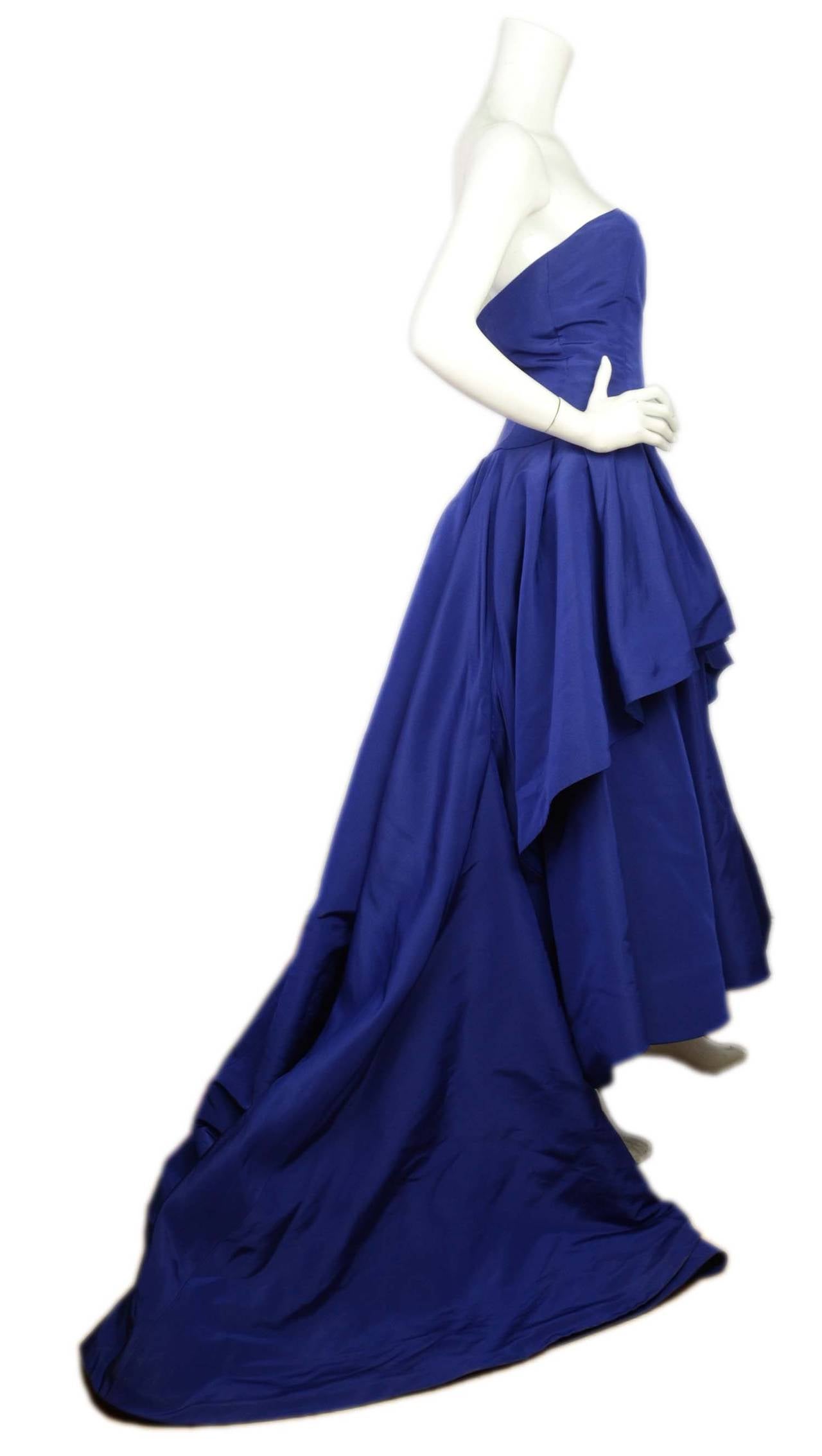 OSCAR DE LA RENTA Royal Blue Silk Two Tier High-Low Peplum Gown sz 0 In Excellent Condition In New York, NY