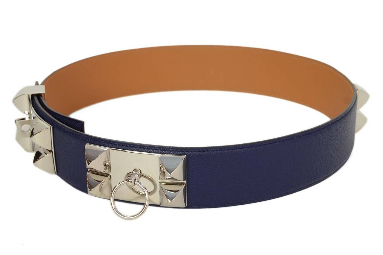 HERMES 2013 Navy Epsom Leather Collier de Chien CDC Belt sz 80
Features palladium plated pyramid studs and door-knocker accent

    Made in: France
    Year of Production: 2013
    Stamp: HERMES PARIS MADE IN FRANCE Q in square
    Closure: