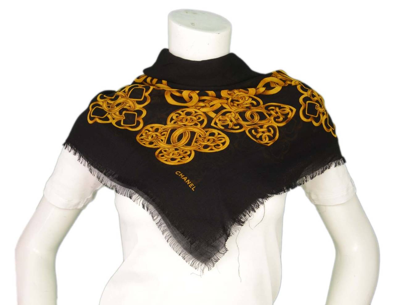 CHANEL Black and Gold Cashmere and Silk Scarf w/CC Chain Border 2