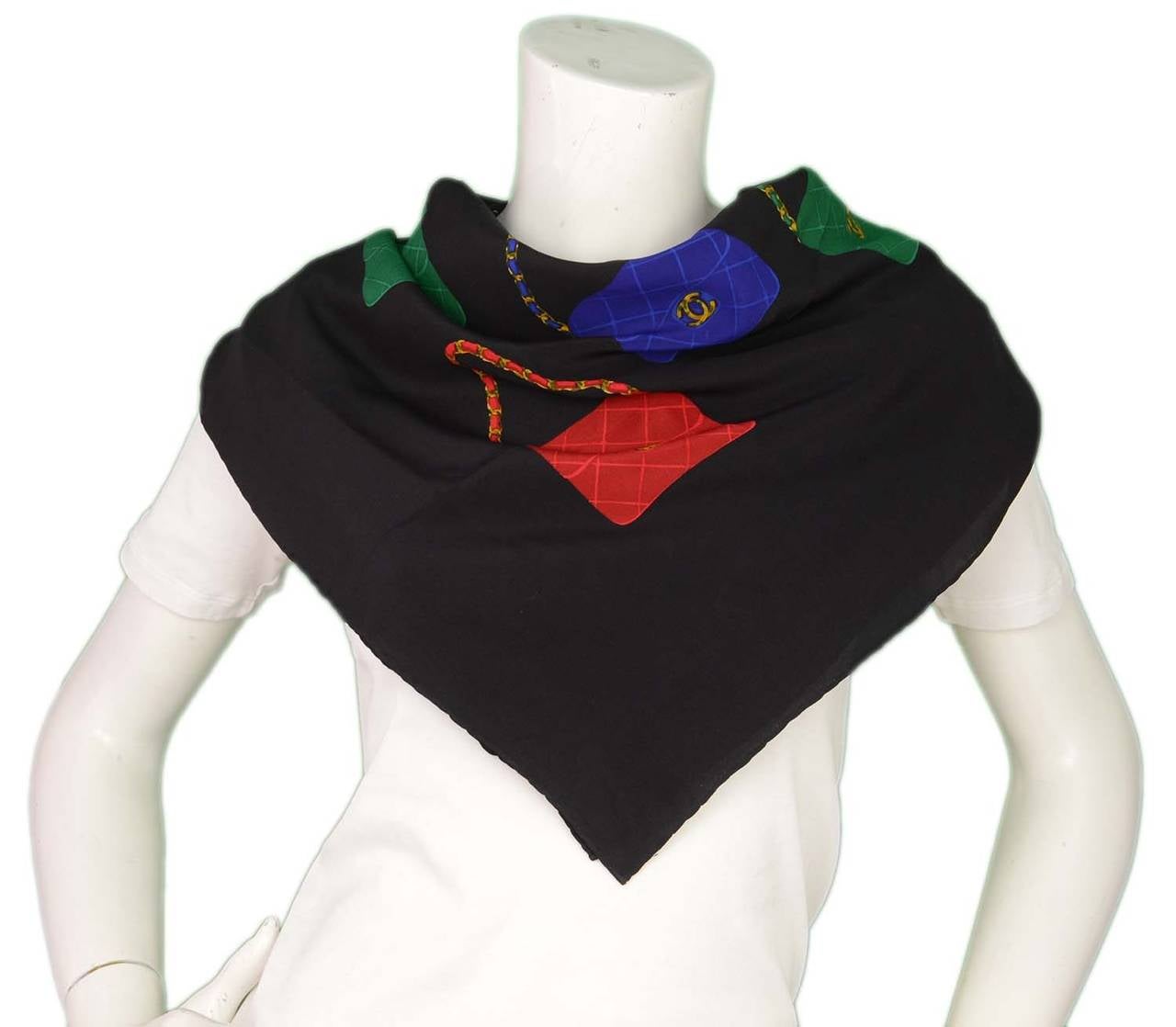 CHANEL Black Silk Scarf w/Blue Red and Green Chanel Classic Bags 1
