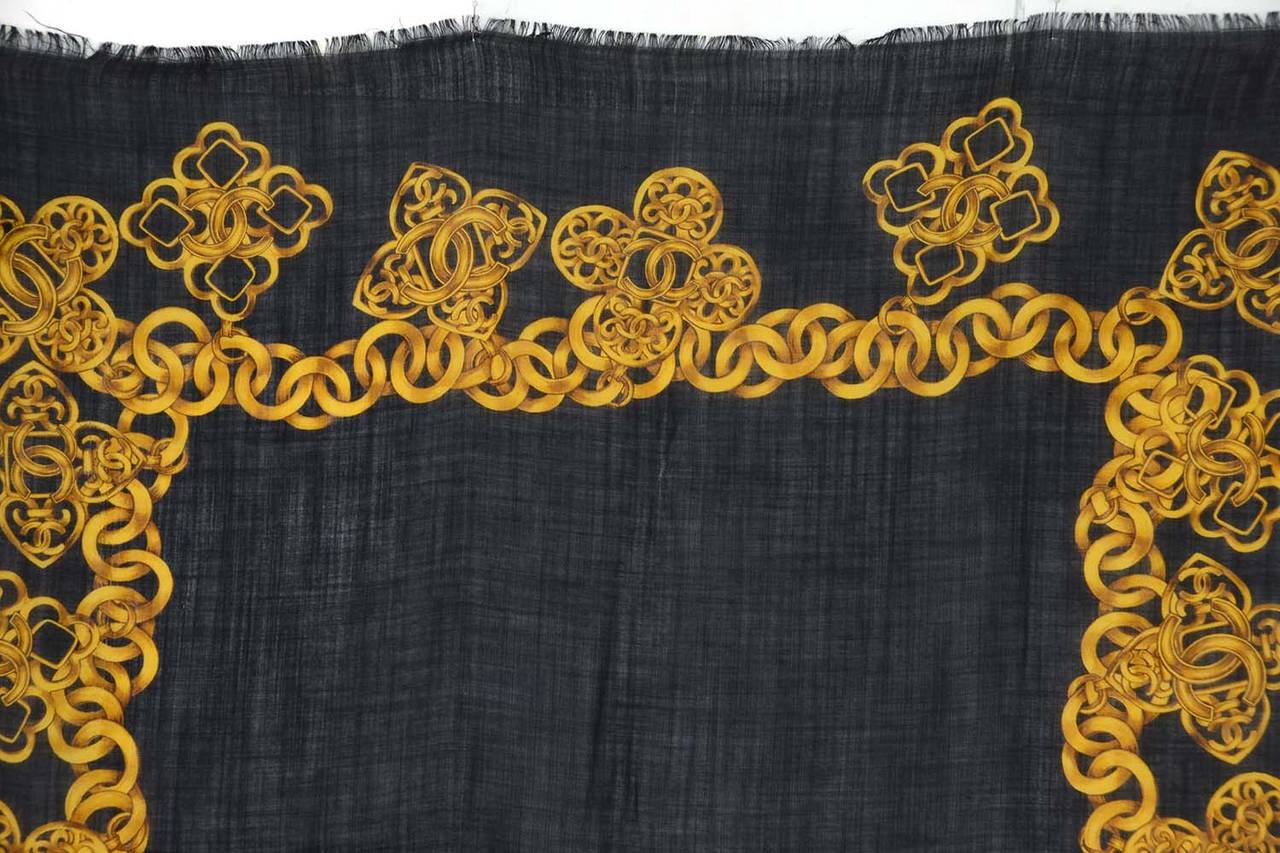 CHANEL Black and Gold Cashmere and Silk Scarf w/CC Chain Border In Excellent Condition In New York, NY