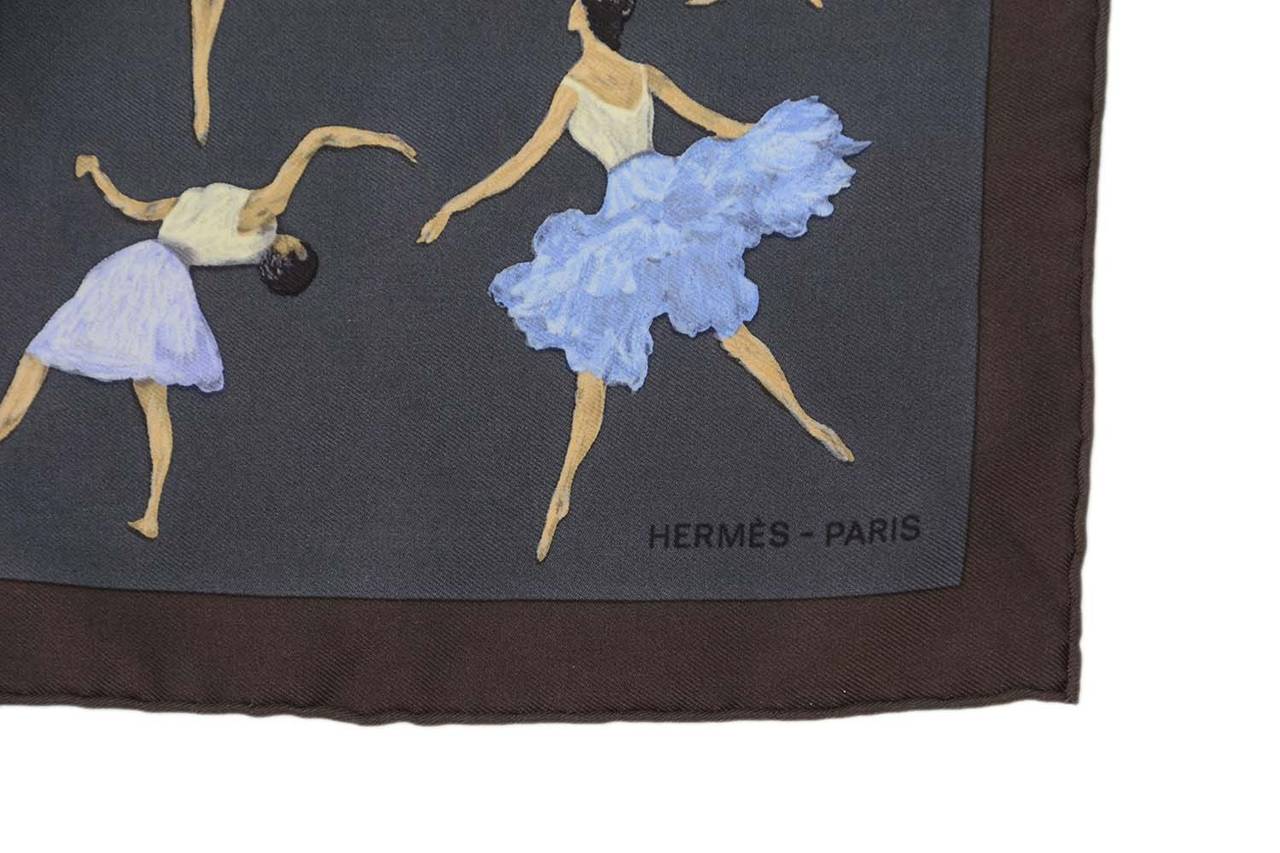 Hermes Vintage 1961 Grey 'La Danse' Silk Pocket Scarf 42 cm
Features limited edition ballet print by Jean Louis Clerc

    Made in: France
    Color: Grey, blue, nude, ivory, and brown
    Composition: Missing composition tag- believed to be