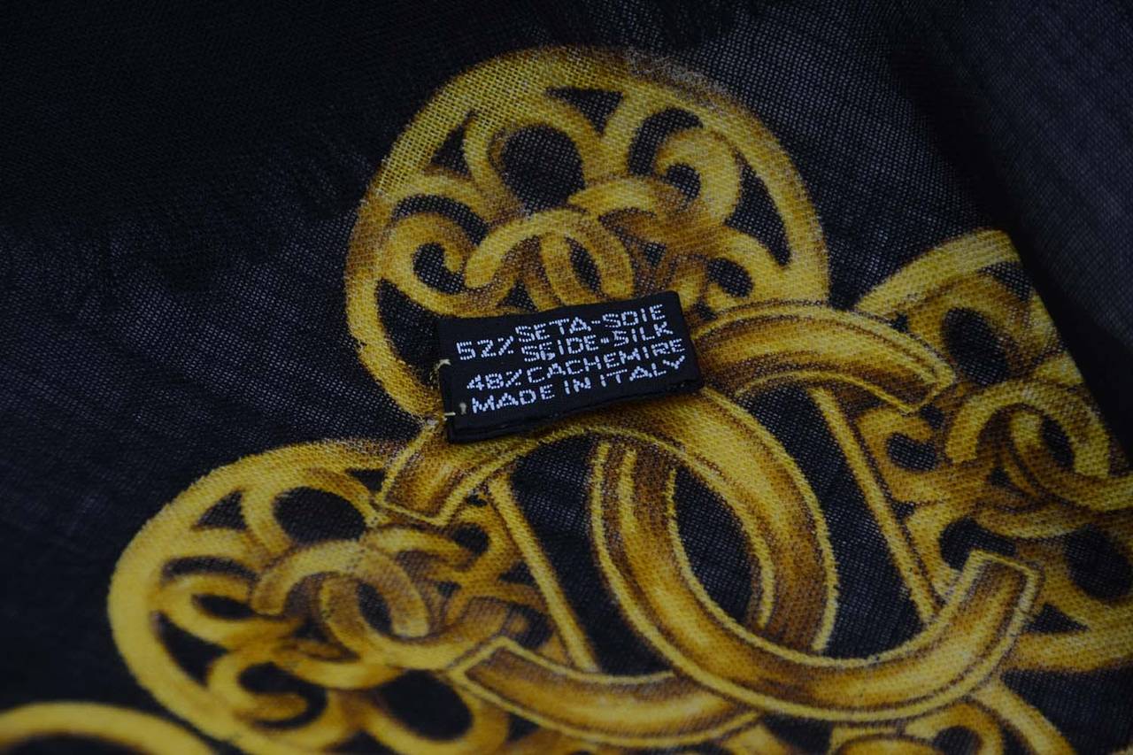 CHANEL Black and Gold Cashmere and Silk Scarf w/CC Chain Border 1