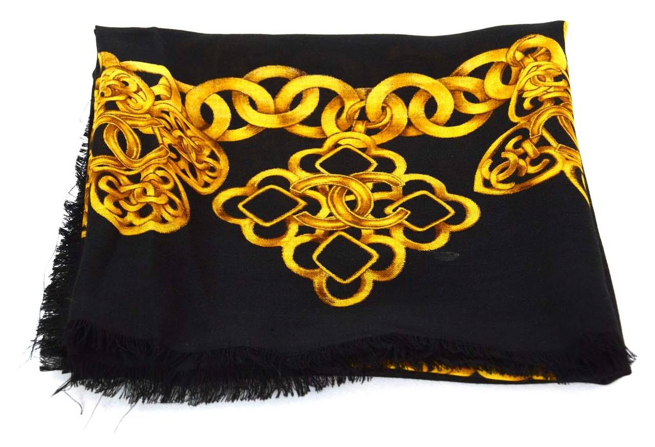 Women's CHANEL Black and Gold Cashmere and Silk Scarf w/CC Chain Border