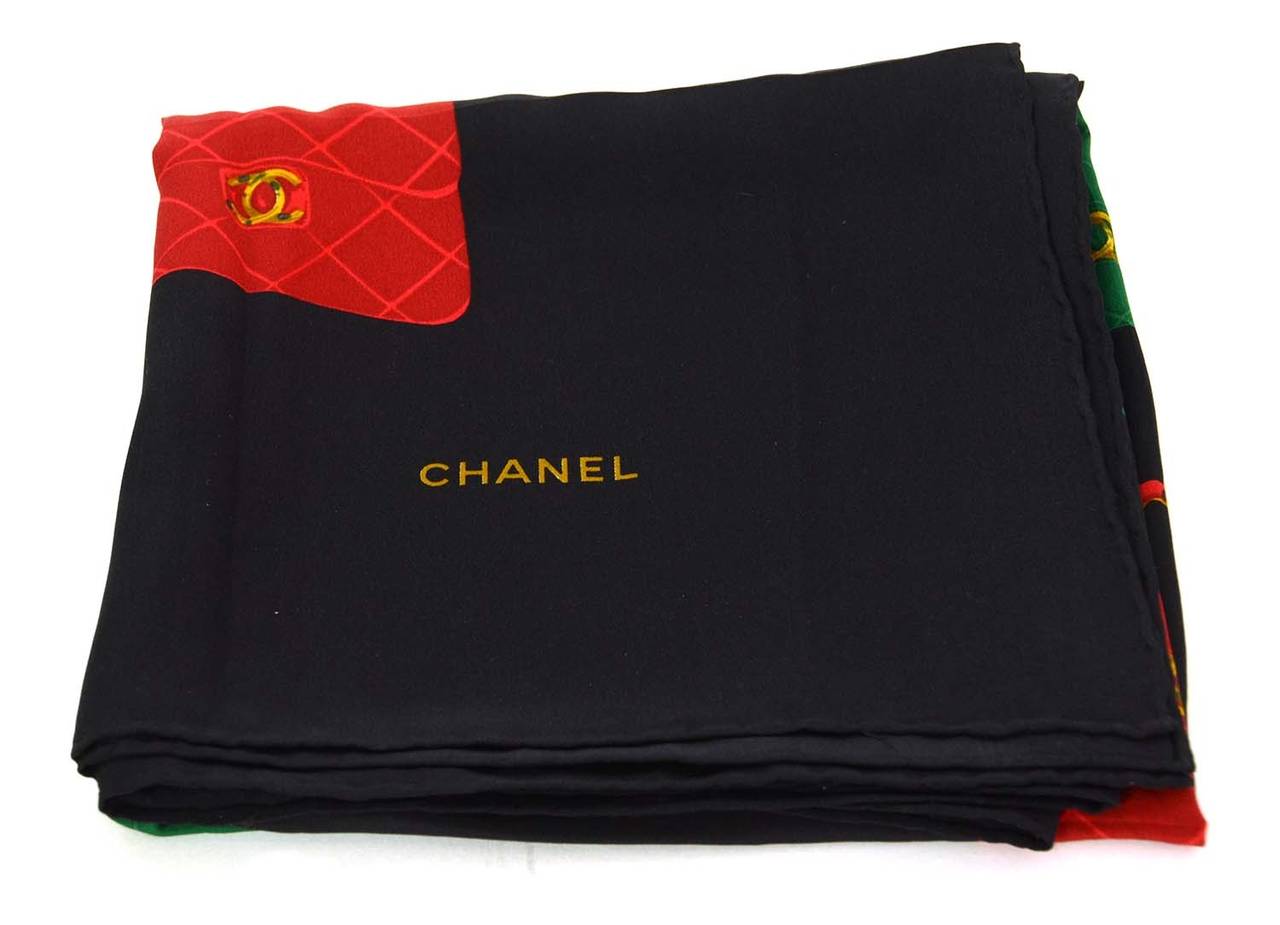 Women's CHANEL Black Silk Scarf w/Blue Red and Green Chanel Classic Bags