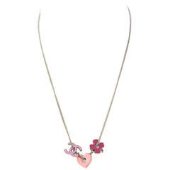 Chanel 2004 Pink/Red Enamel and Silvertone Clover Heart and CC Charm Necklace