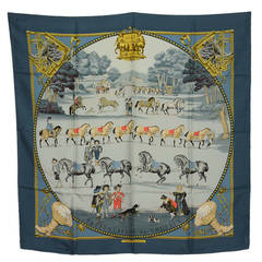 Hermes Blue 1642 "Presentation de Chavavx" Pilgrim Silk Scarf 90 cm