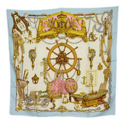 HERMES Blue and Pink "Musee" Nautical Themed Silk Scarf 90 cm