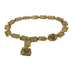 CHANEL Vintage 1997 Hammered Chain Belt w/Amethyst Colored Stones 9