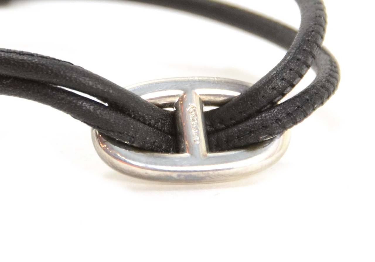 HERMES Black Leather Rope Bracelet w/Chain d'Ancre Sterling Toggle In Excellent Condition In New York, NY
