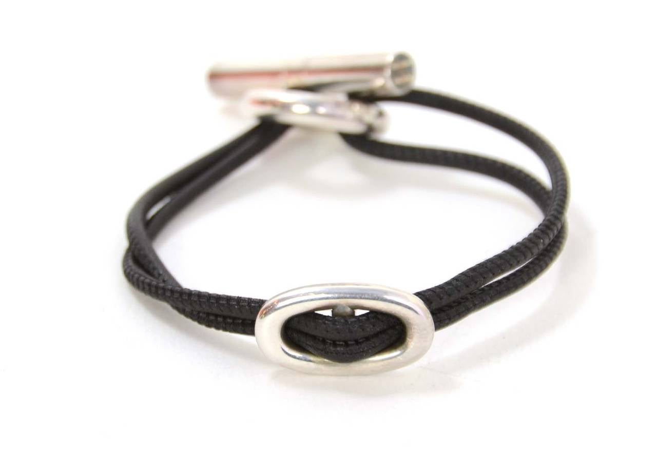 HERMES Black Leather Rope Bracelet w/Chain d'Ancre Sterling Toggle 1