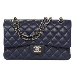 CHANEL Navy Caviar Leather Quilted Double Flap Classic Bag SHW c. 2011