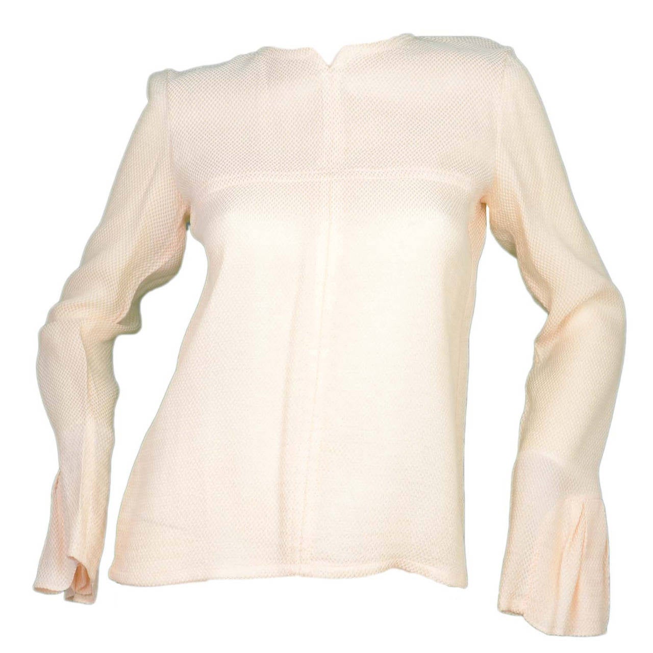 CHANEL Cream Waffle-Print Blouse with Pleated Sleeve Detail sz 38