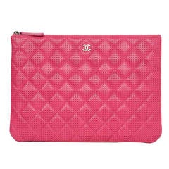 CHANEL 2015 Hot Pink Perforated Lambskin "O Case" Clutch Bag