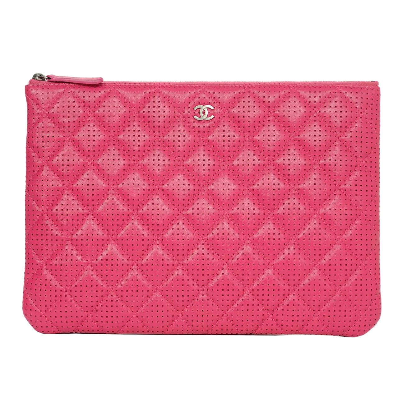 CHANEL 2015 Hot Pink Perforated Lambskin "O Case" Clutch Bag