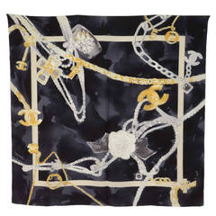CHANEL Black White and Grey Silk Camelia CC and Jewel Pattern Scarf