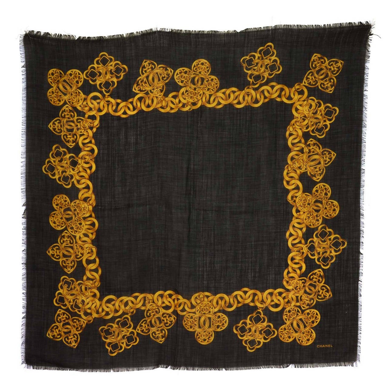CHANEL Black and Gold Cashmere and Silk Scarf w/CC Chain Border