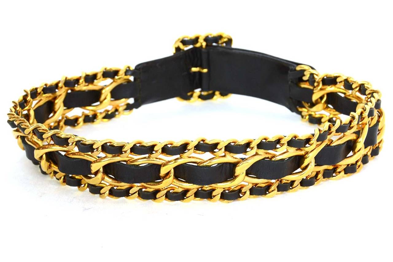 CHANEL Vintage 1989 Black/Gold Leather Woven Chain Link Belt sz 75 In Excellent Condition In New York, NY