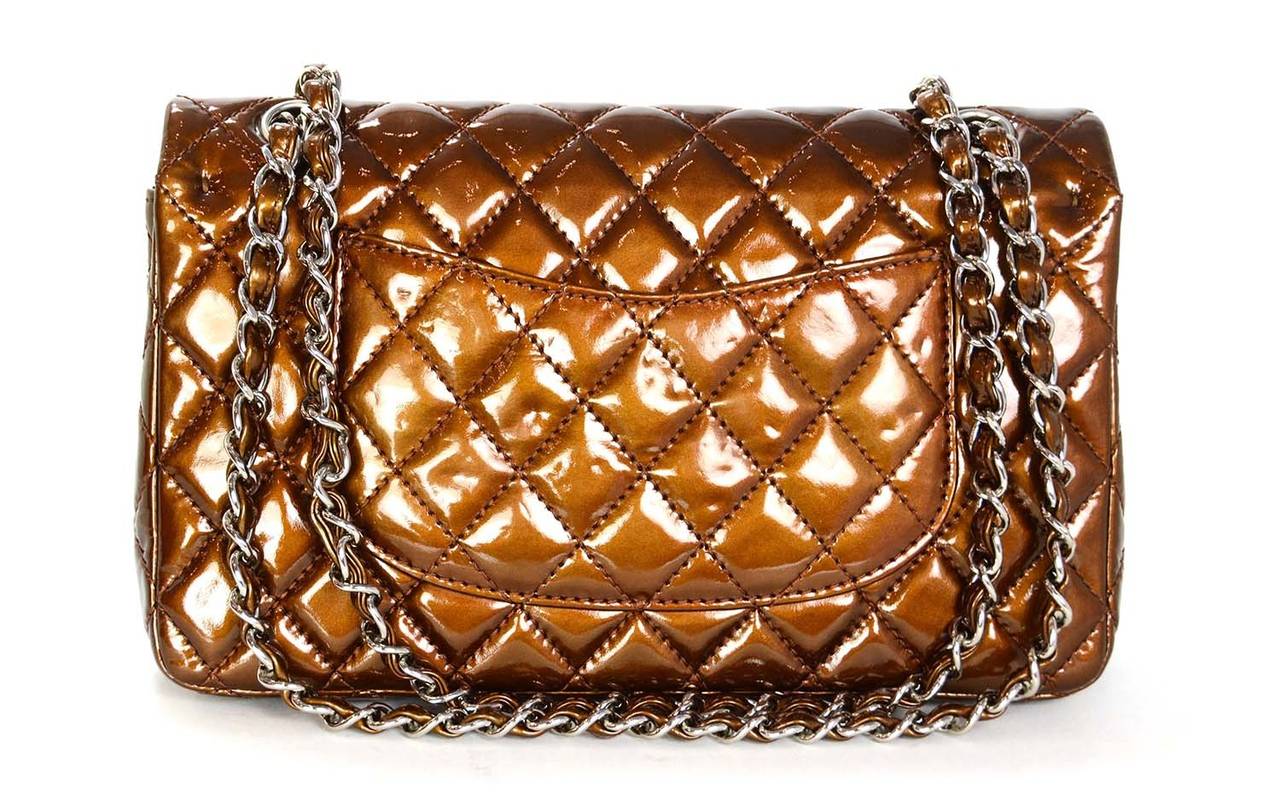 CHANEL 2009 Bronze Patent Leather Quilted Classic Madium Flap Bag In Excellent Condition In New York, NY