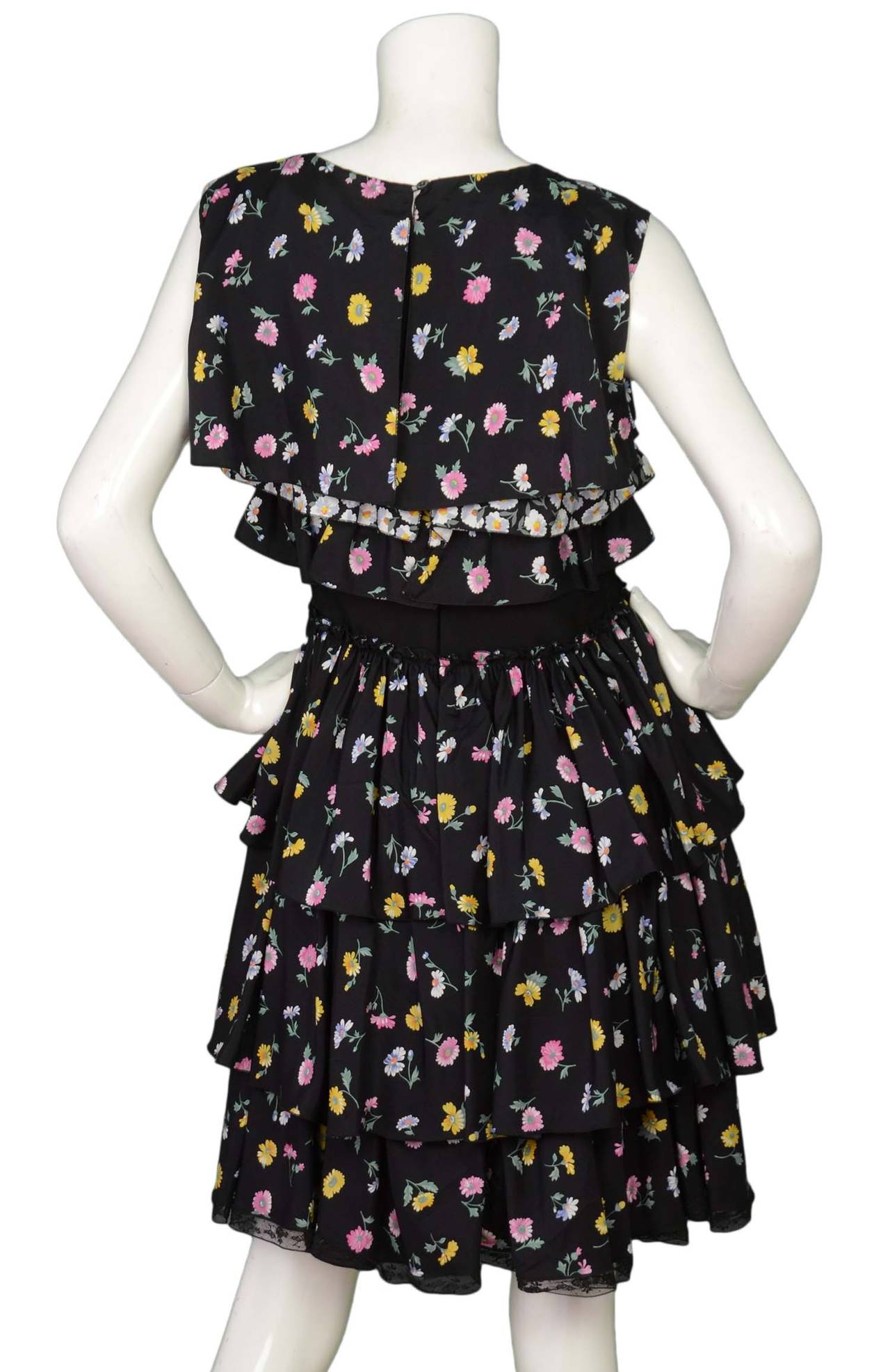 NINA RICCI Navy Silk Sleeveless Ruffle Floral Dress sz. 40 In Excellent Condition In New York, NY
