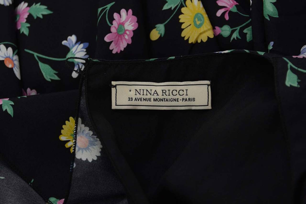 NINA RICCI Navy Silk Sleeveless Ruffle Floral Dress sz. 40 1