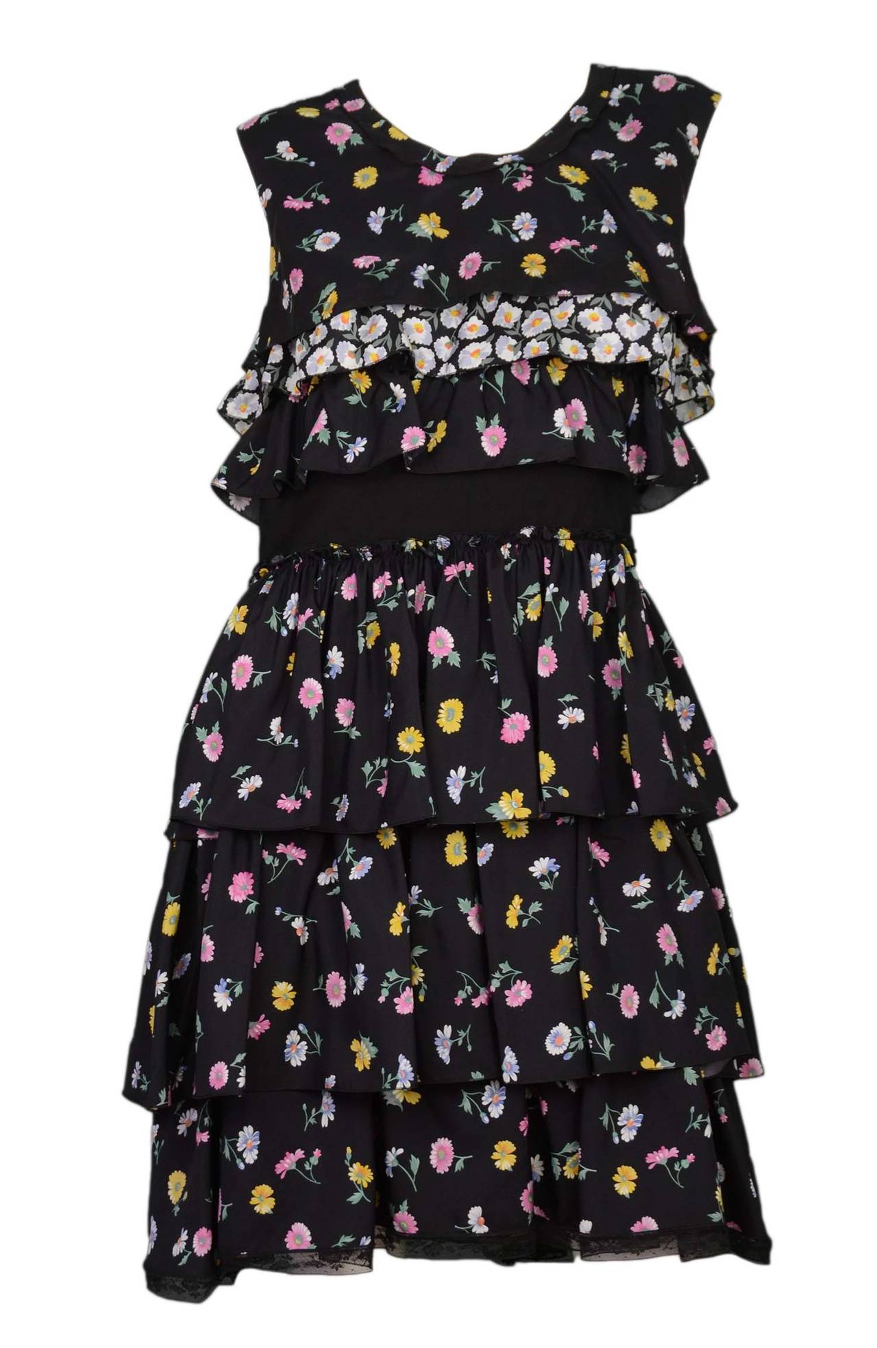 NINA RICCI Navy Silk Sleeveless Ruffle Floral Dress sz. 40 2