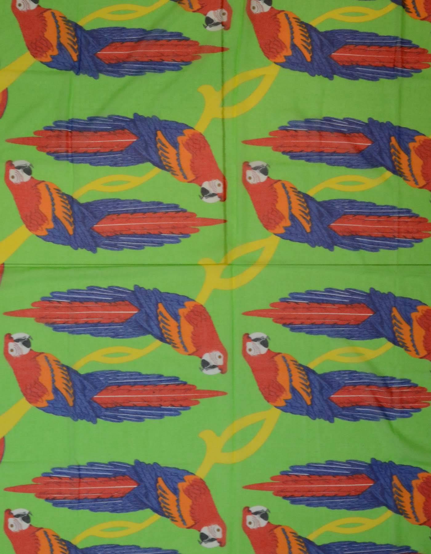 Hermes Pareo Green & Blue Parrot Print Cotton Scarf 
Made In: France
Color: Green, blue, red, orange and white
Composition: 100% cotton
Overall Condition: Excellent pre-owned condition
Measurements: 
Length: 55