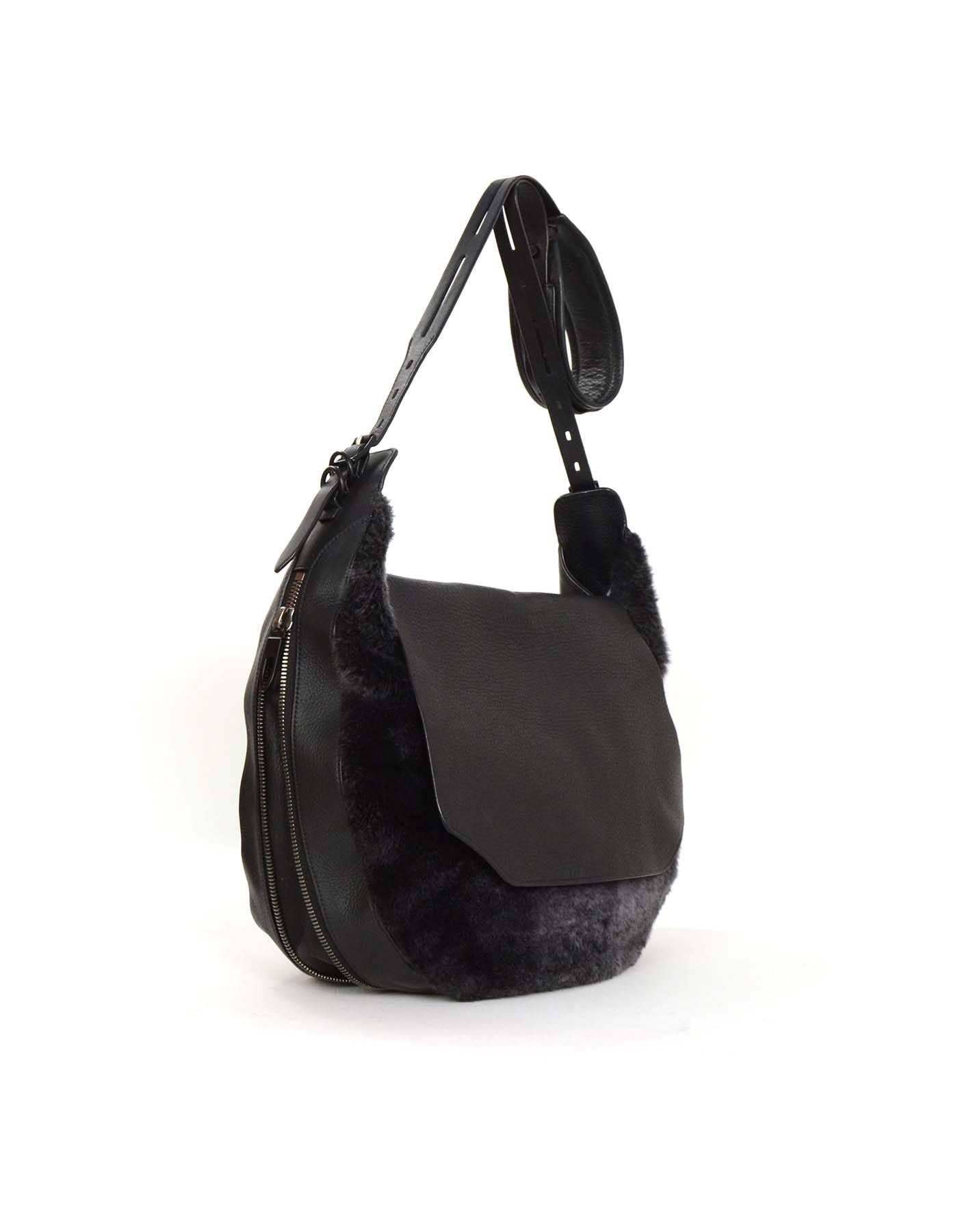 Rag and Bone Black Leather and Shearling Bradbury Hobo Messenger Bag rt
