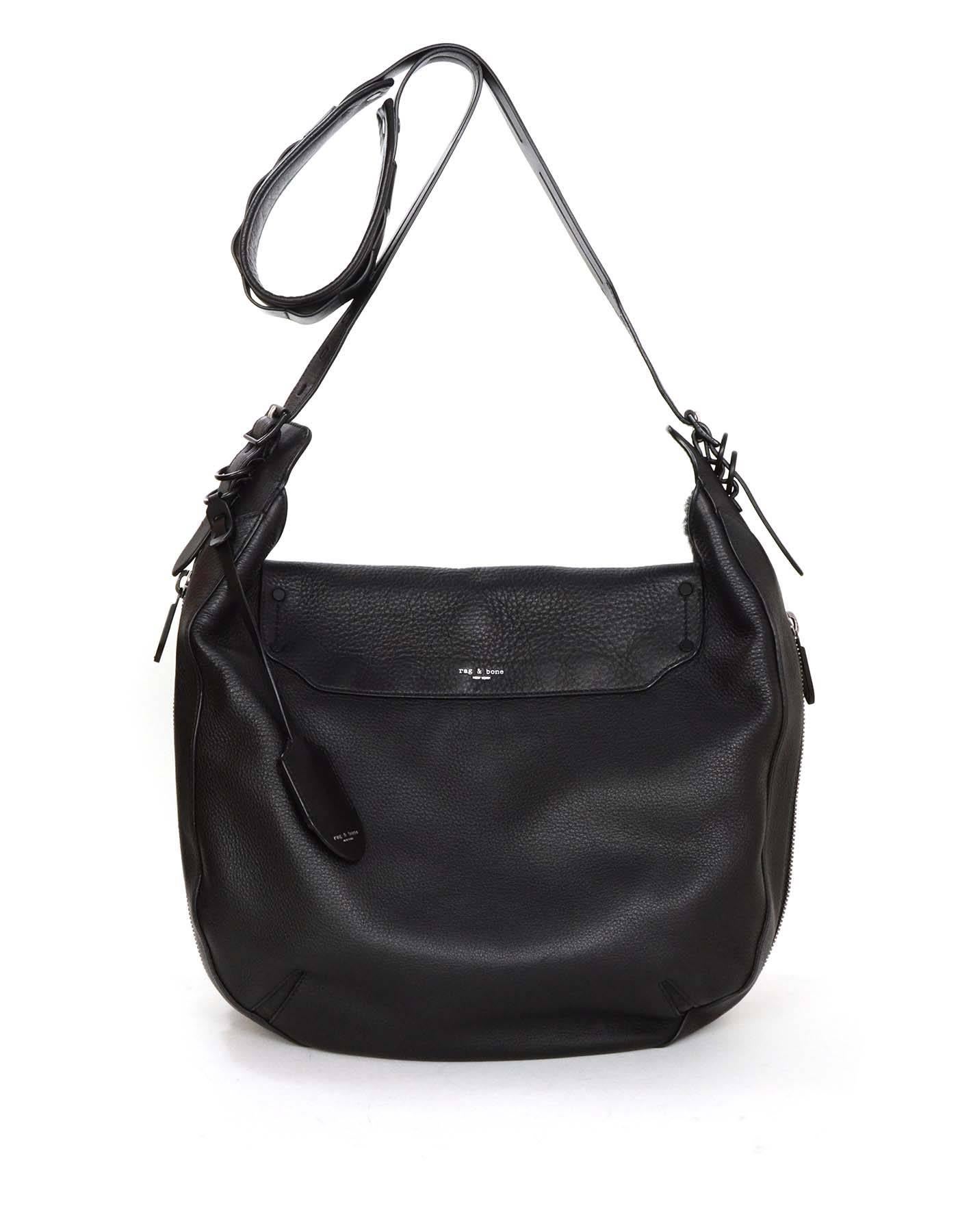 Rag and Bone Black Leather and Shearling Bradbury Hobo Messenger Bag rt