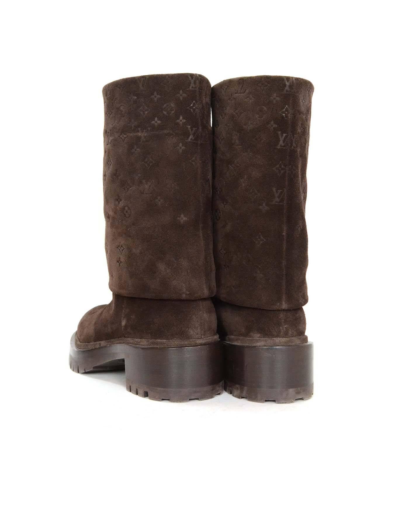Louis Vuitton Brown Suede Foldover Monogram Cuff Boot sz. 37.5 In New Condition In New York, NY