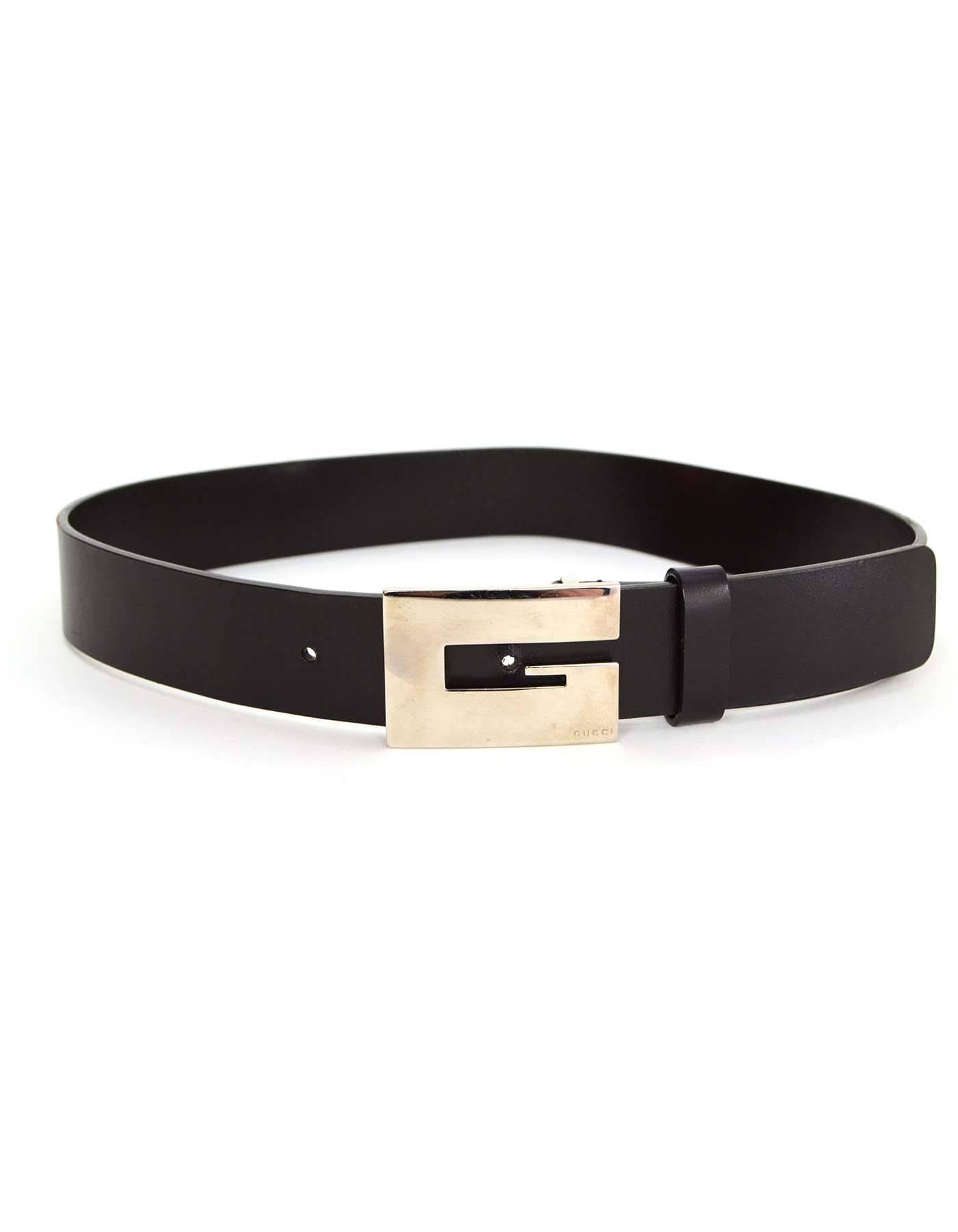 Gucci Black Leather Belt sz 36 SHW 
Features engraved Gucci on the 'G' silver hardware buckle

Made In: Italy
Color: Black
Hardware: Silvertone
Materials: Leather and metal
Closure/Opening: Buckle and notch closure
Stamp: