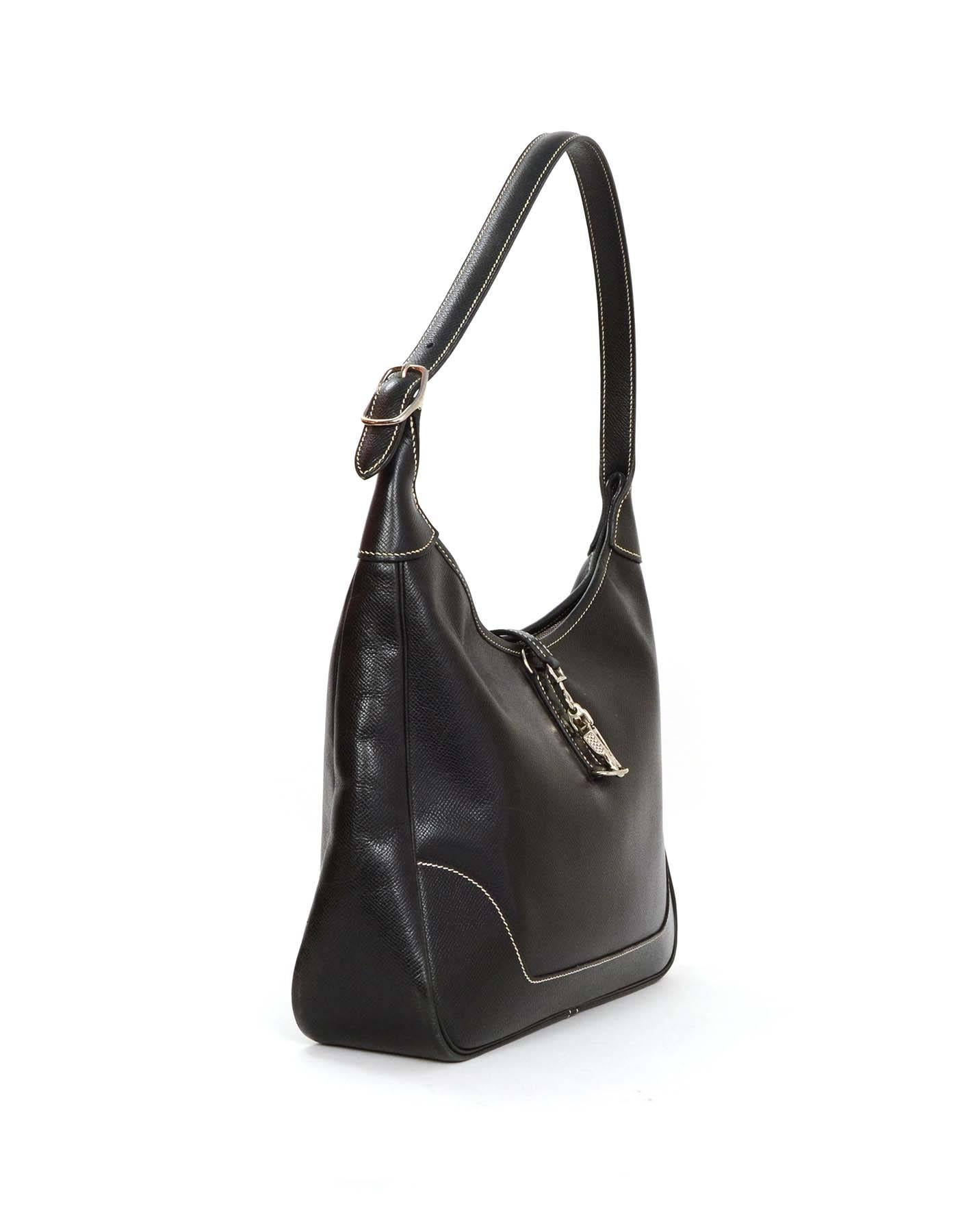 Hermes Black Epsom Shoulder Bag 31 CM PHW
Features contrasting white stitching and palladium hardware buckle clasp closure detailing at top front 
Made In: France
Year of Production: 2001
Color: Black
Hardware: Palladium
Materials: Epsom
