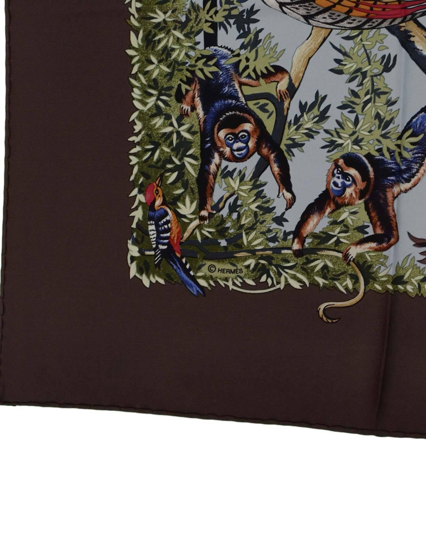 Hermes Brown & Multi-Colored Animal Scene 90cm Silk Scarf In Excellent Condition In New York, NY