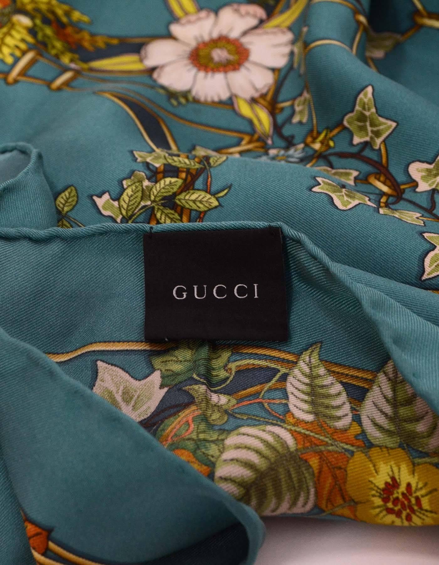 Women's Gucci Turquoise Ivy & Floral Print 90cm Silk Scarf
