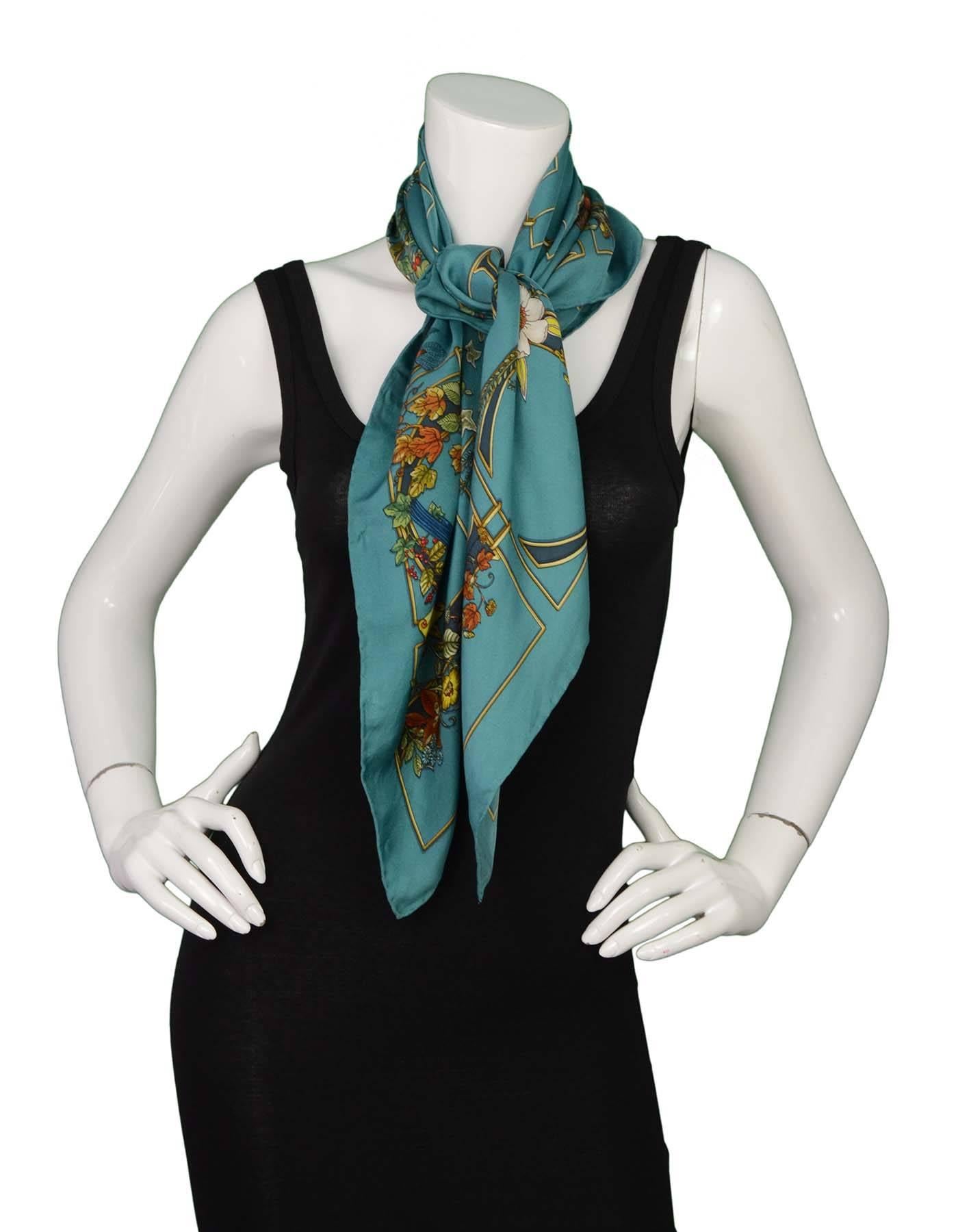 Gucci Turquoise Ivy & Floral Print 90cm Silk Scarf 1